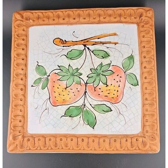 Horchow Italian Glazed Terracotta 6.5" Strawberry Fruits Wall Art Tiles Italy - Picture 1 of 7